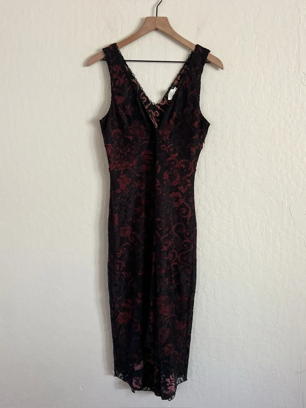 Vintage 90s Y2K Bebe Sheer Lace Overlay V-Neck Babydoll Midi Dress Medium Black